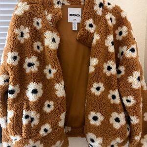 RSQ Tan Sherpa Jacket with White Floral Design